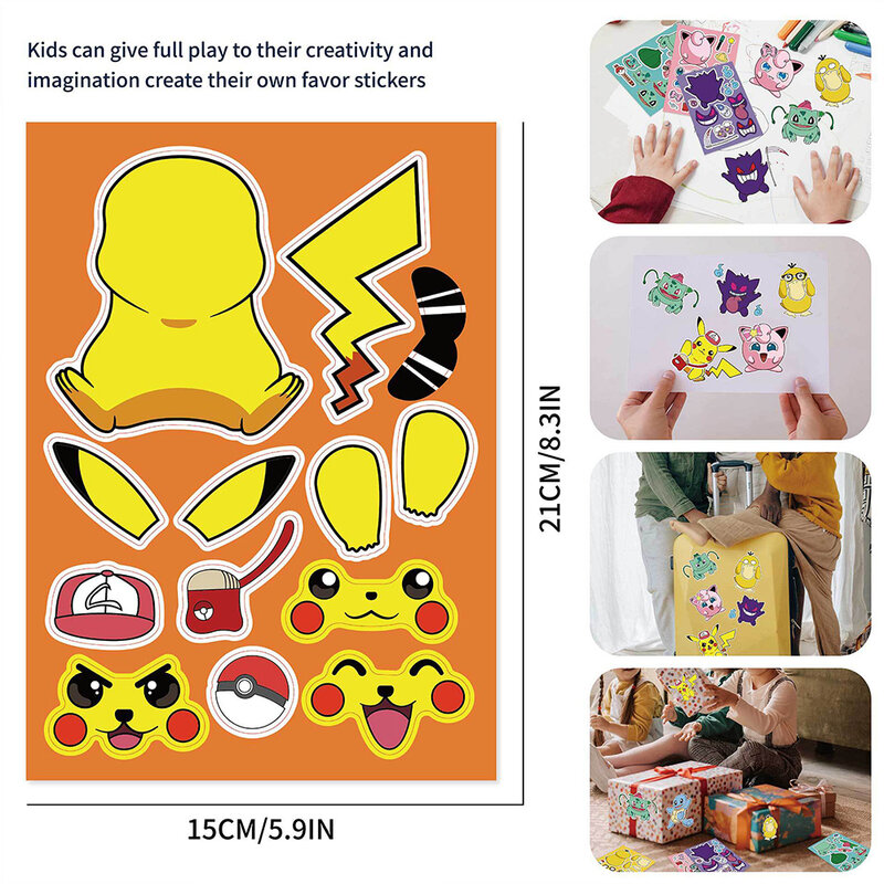 8/16Sheets Pokemon Children DIY Anime Puzzle Stickers Make-a-Face Assemble Funny Cartoon Decal Assemble Jigsaw Boy Kids Toy Gift