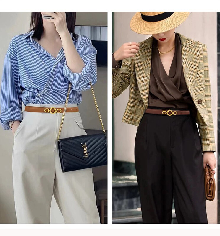 Cinto de couro reversível para mulheres, calças jeans e vestidos fivela dourada, moda feminina