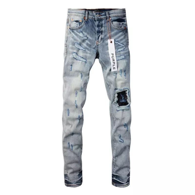 Jeans in denim di marca viola di alta qualità 1:1 High street blue hole patch riparazione di colore chiaro pantaloni in denim attillati rialzati bassi