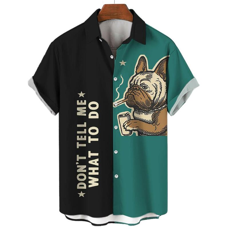 Blusa havaiana masculina, carta impressa em 3D, animal gráfico, botão, manga curta, streetwear de lapela, moda verão