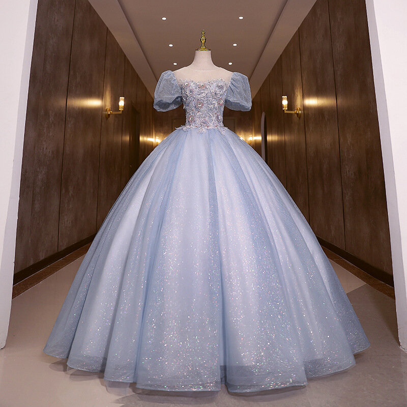 Blau Ballkleid Prom Kleid 3D Blume Appliqued Perlen Glitter Pailletten Abendkleid Kurzen Ärmeln Homecoming Robe De Mariée
