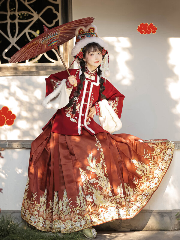 Gaun tahun menurut Tahun Tahun Baru Hanfu Wanita sistem Ming persegi leher selendang wajah kuda rok tebal musim gugur dan musim dingin setelan