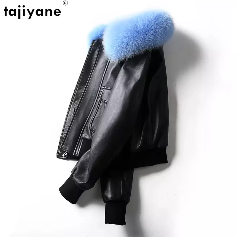 Tajeyane-Chaqueta de piel de oveja auténtica para mujer, abrigo de plumón de pato blanco, Chaquetas cortas de piel de zorro con cuello, 100%
