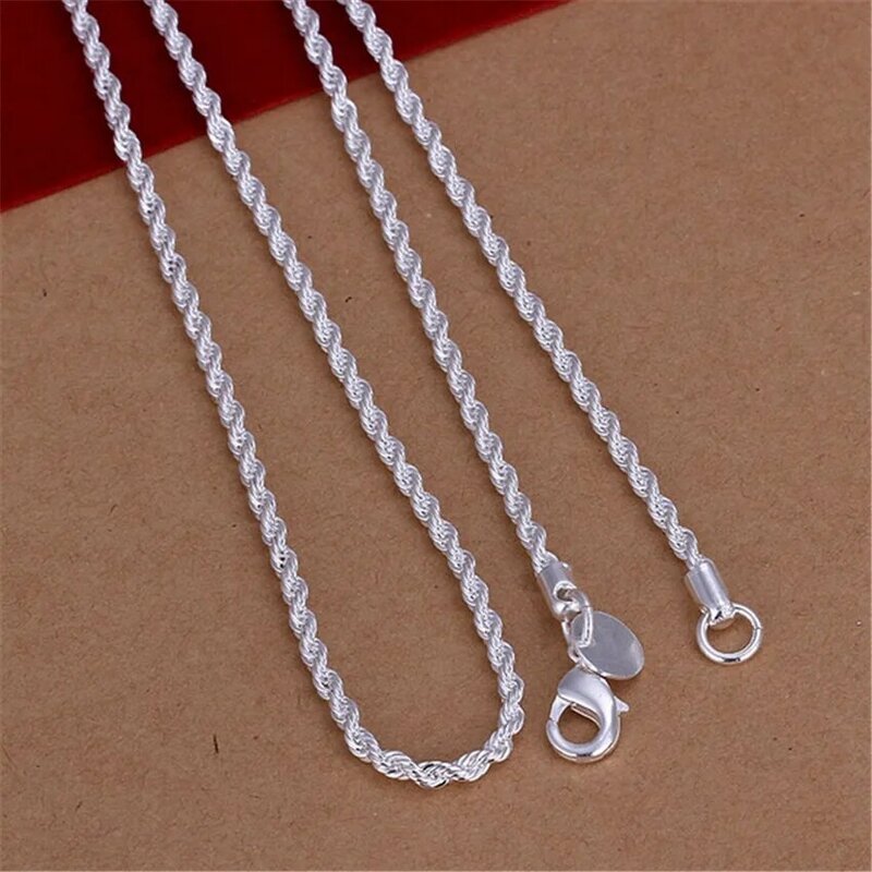 925 colar de corda de prata esterlina para homens e mulheres, corrente elegante pingente bonito, moda bonita, 2mm, 16-24"