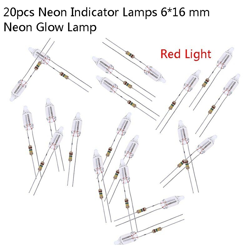 Lámpara de neón 20 piezas con indicador de RED, Bombilla de neón en miniatura, estándar rojo, con resistencia de 220V, 6x16mm