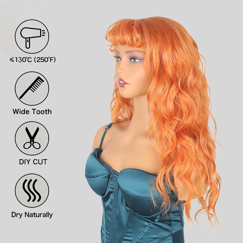 SNQP-Cabelos longos encaracolados com franja para mulheres, peruca laranja, resistente ao calor, moda natural, cosplay diário, festa, novo estilo