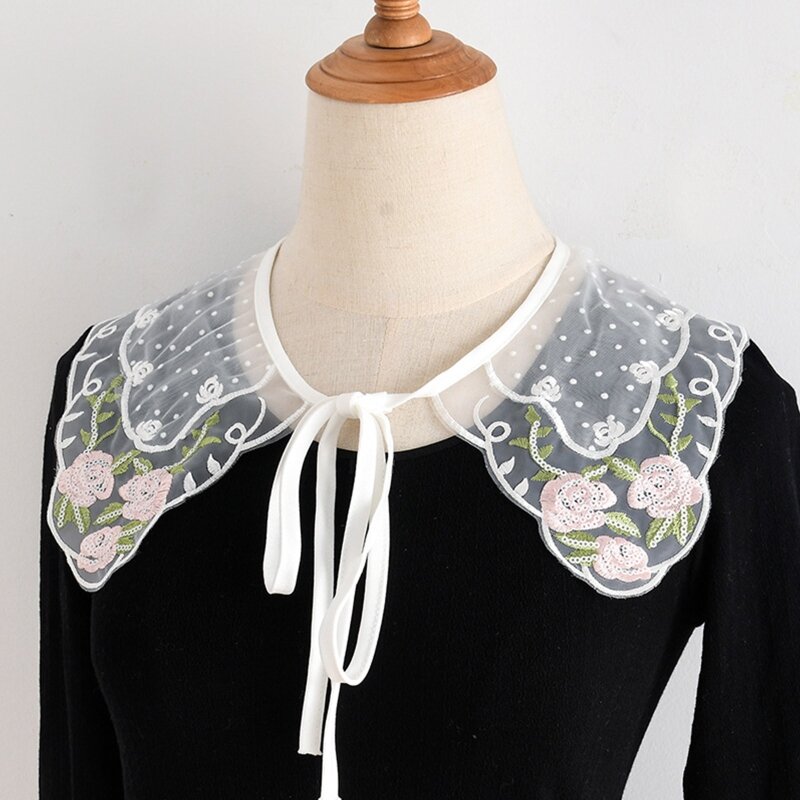 False Collar Pink Rose Embroidery Collar Detachable Floral Trim Lace Up Neckline Drop Shipping