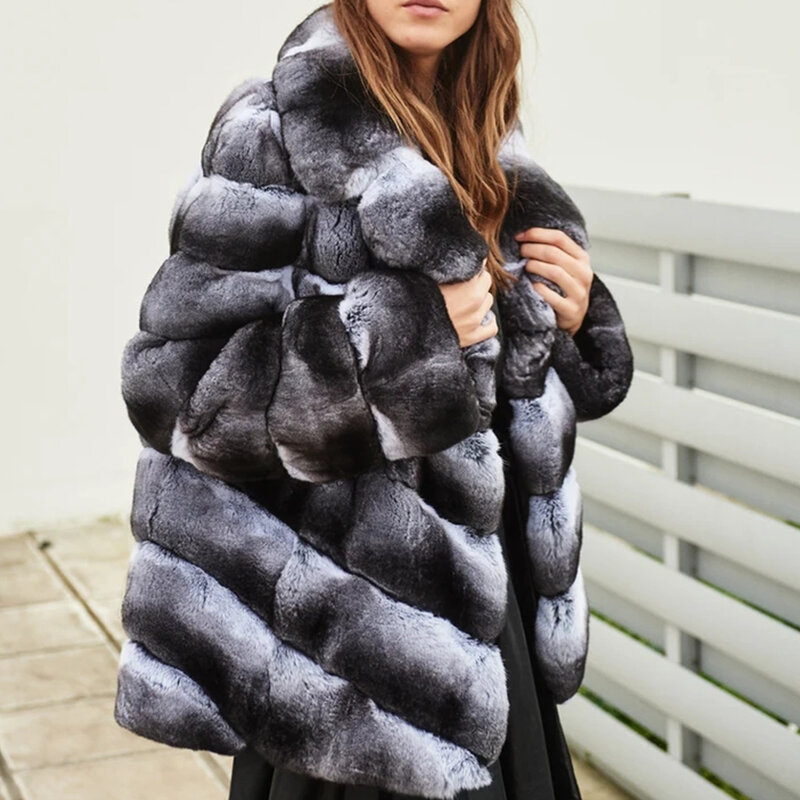 Mantel bulu wanita Chinchilla, jaket bulu kelinci Rex asli dengan tudung bermerek mewah musim dingin