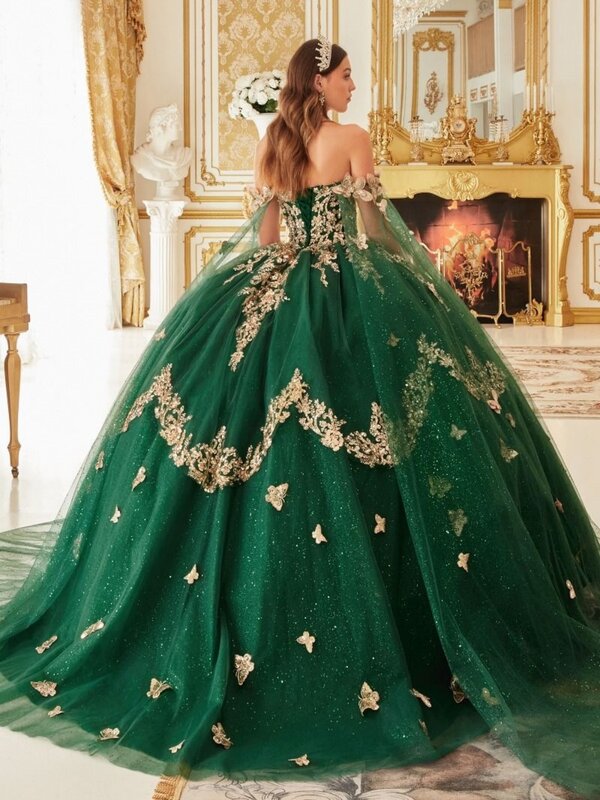 Golden Sequins Butterfly Appliques Quinceanrra Prom Dresses Green Charming Princess Long Glitter Sweet 16 Dress Vestidos
