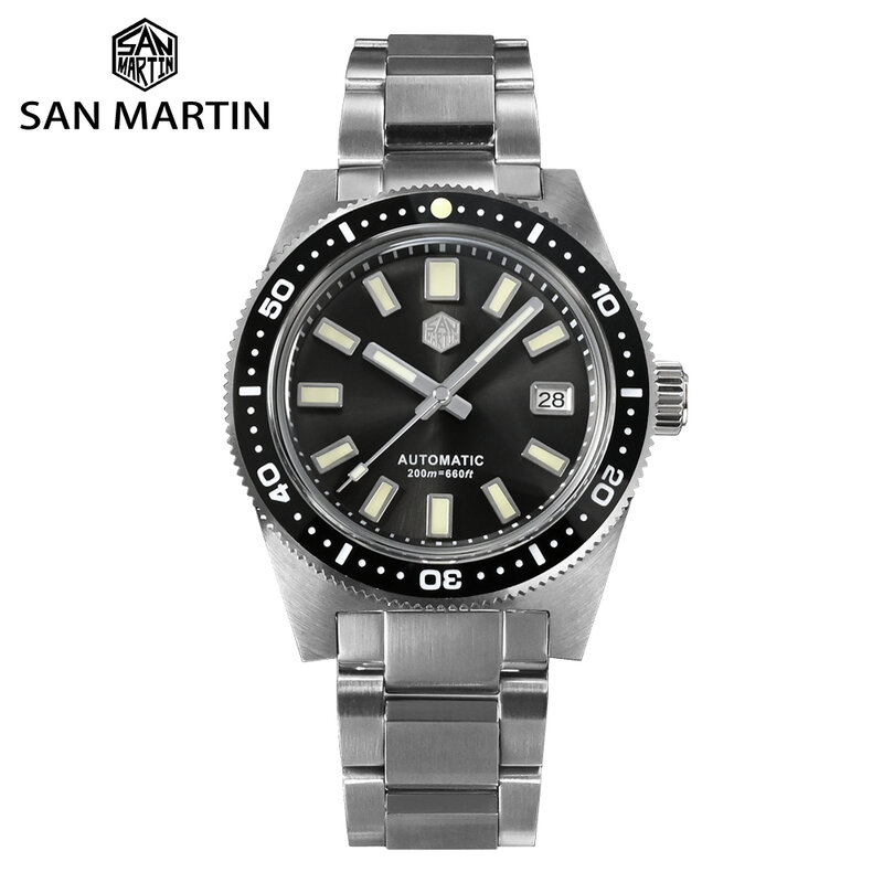 San martin-メンズ機械式時計,41mm自動巻き時計,200m防水発光,san martin