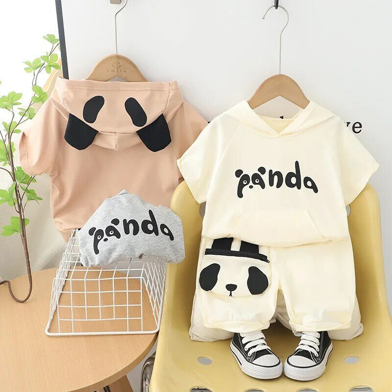 Pijama com capuz e manga curta para meninos, roupas legais com design bonito panda, novo verão