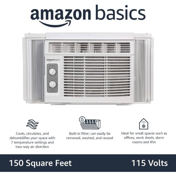 Amazon Basics Window Mounted Air Conditioner with Mechanical Control Cools 150 Square Feet, 5000 BTU, AC Unit, White