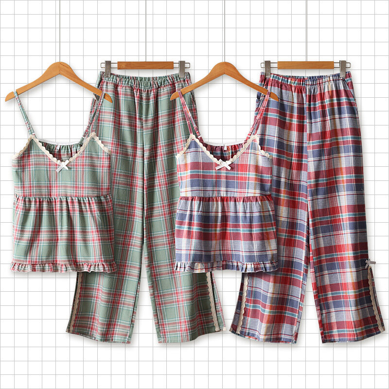 Летняя милая маленькая свежая клетчатая Пижама, женские брюки на бретелях, домашняя одежда, пижама без рукавов на бретелях-спагетти, комплекты из 2 предметов