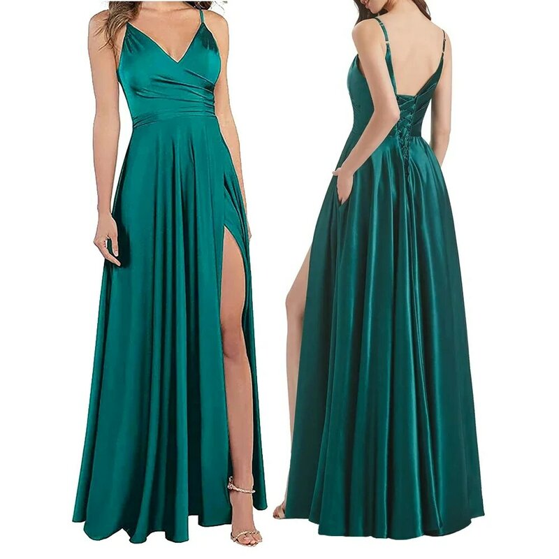 GDYBAO Women's A-Line Bridesmaid Dresses for Wedding Formal Satin Spaghetti Strap Prom Dress Long Side Split Evening Gowns