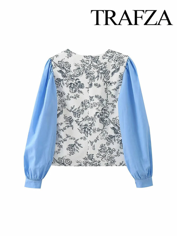 TRAFZA 여성용 레트로 브이넥 프린트 스플라이싱 긴팔 셔츠, 스트릿 상의, 우아한 싱글 브레스트 캐주얼 셔츠, 여름