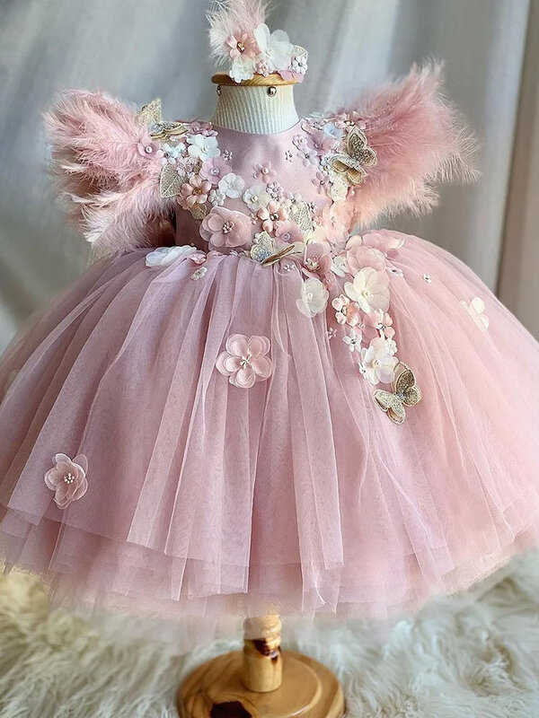 Новинка 2024, рождественское Тюлевое платье с розовым бантом, свадебное платье для празднования дня рождения, выпускного вечера, платья с бабочками и цветами для девочек 0-6 лет