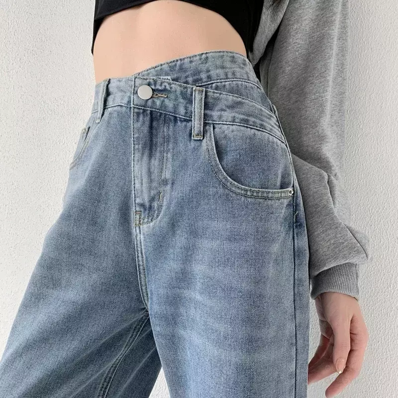 Jeans taille haute à jambes larges pour femmes, pantalons de colonne vertébrale, noir, bleu, vêtements de marque FJM, nouveau, 2021