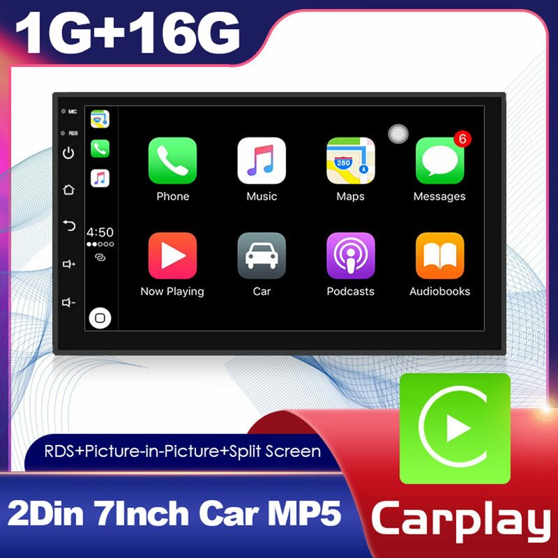 Rádio Automóvel Universal Leitor Multimédia, Carplay, Estéreo, Wi-Fi, GPS, MP5, 2 Din, Android 10, 7 Polegada