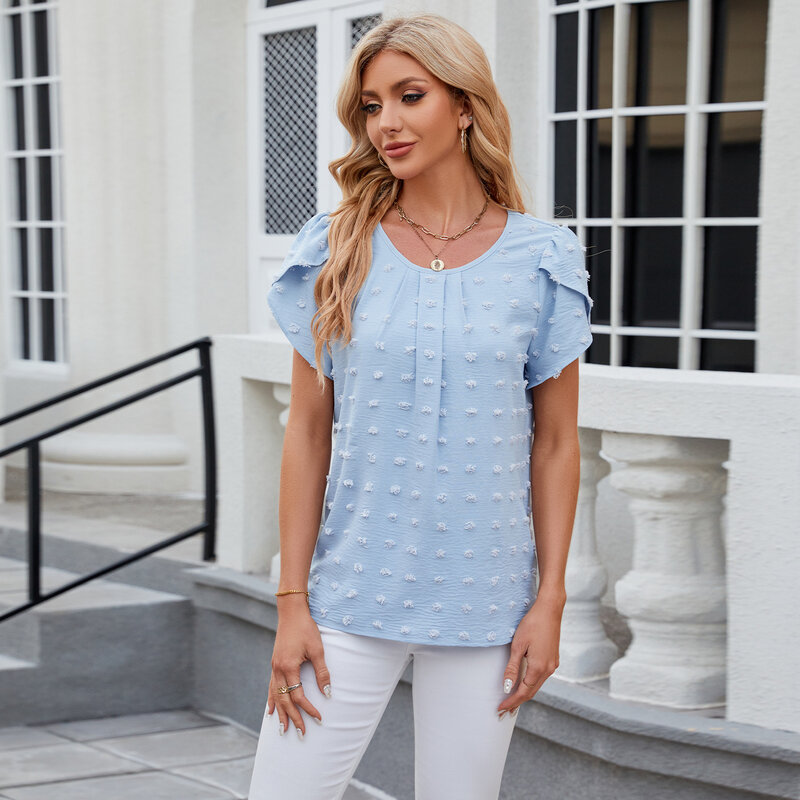 Women Short Sleeve Chiffon Tops for Summer Solid Round Neck