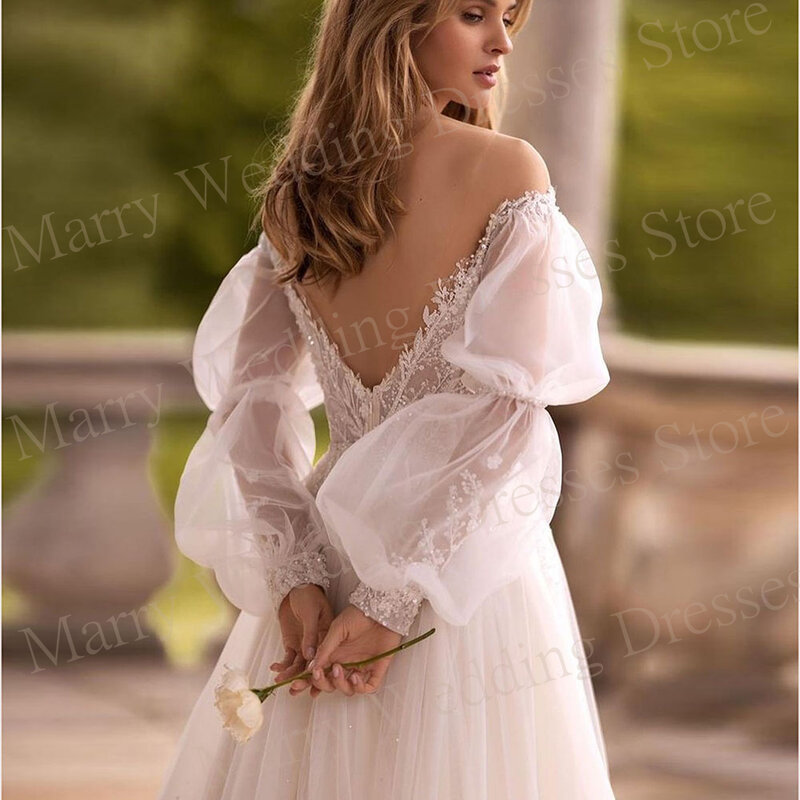 Boho dość wdzięczne damskie suknie ślubne nowoczesne aplikacje koronkowe suknie panny młodej długi rękaw bufka bez pleców De Mariée