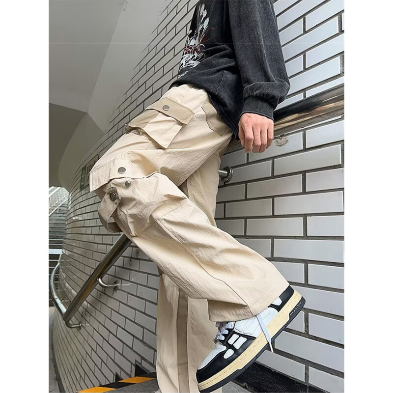 Jesienne spodnie Cargo w stylu Streetwear męskie spodnie z z rozciągliwą talią, szeroka nogawkami w stylu Colorblock nowe modne spodnie dresowe w stylu Hip Hop