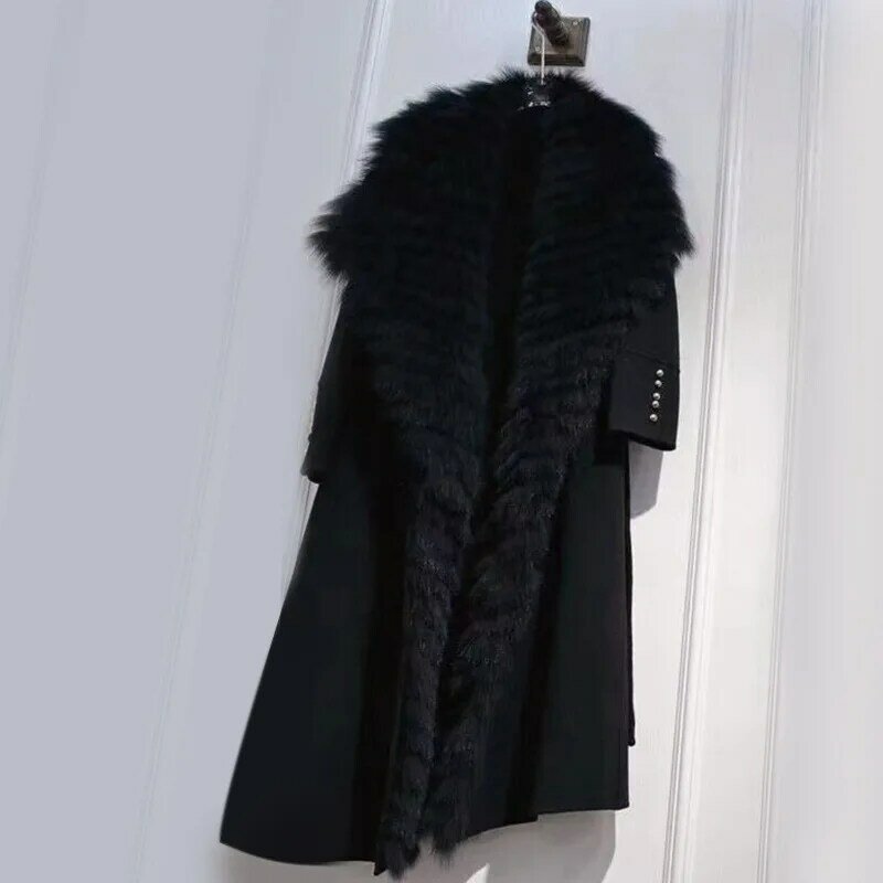 Abrigo de lana de doble cara para mujer, solapa de puerta de piel de zorro larga con cuello de Polo grande, otoño e invierno, nuevo, 2023