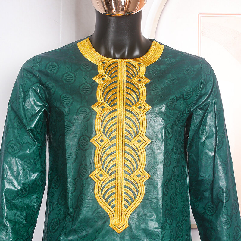 H & D แอฟริกันเสื้อผ้าสำหรับชายประเพณีเสื้อผ้า Riche Bazin ปัก2 Pcs ชุดเสื้อกางเกง Bazin ชุดสีเขียวงานแต่งงาน