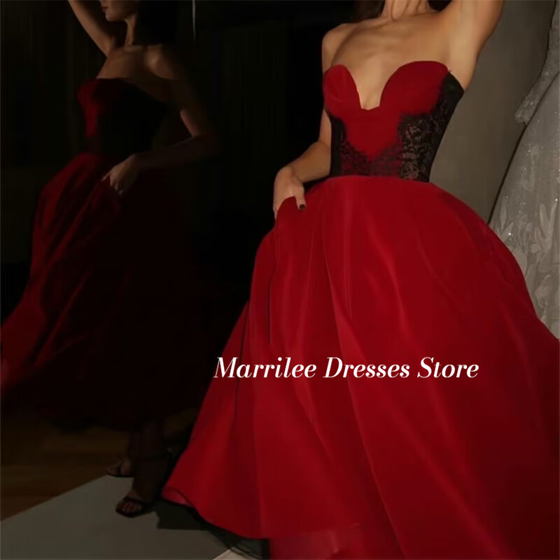 マリリー-女性のストラップレスティーロングカクテルドレス、エレガントなAラインドレス、ノースリーブのドレス、ティーレングス、ピンセット、プロムパーティー、セクシー、レッド