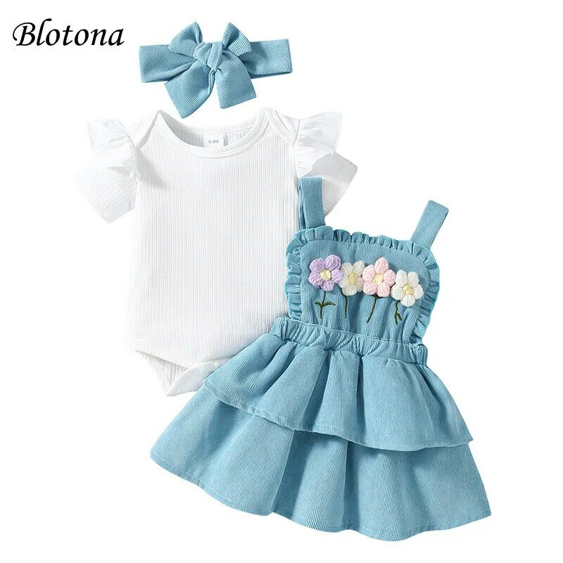Blotona Baby Girls Summer Outfit Short Sleeves Romper and Crochet Flowers Suspender Skirt Headband 3 Piece Clothes Set 0-18M