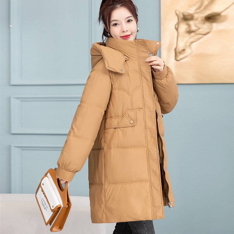 Puchowy płaszcz bawełniany kobiety 2024 zimowa nowa modna długa luźna odpinana parki z kapturem kurtka na co dzień gruba ciepła odzież