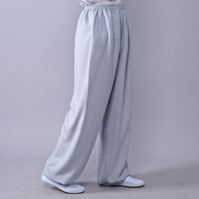 Pakaian Kung Fu Unisex dewasa celana Wushu Tai Chi Linen ukuran Plus elastis seni bela diri celana Yoga wanita pakaian latihan pagi
