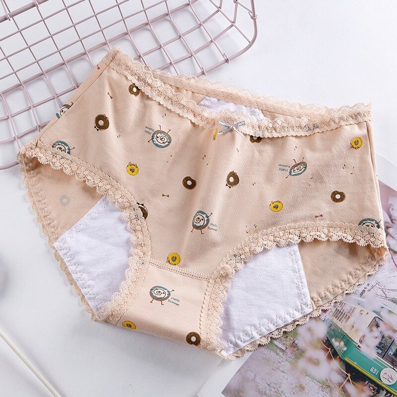 Mid-waist Period Panties with Lace Edge Leakproof Print Briefs