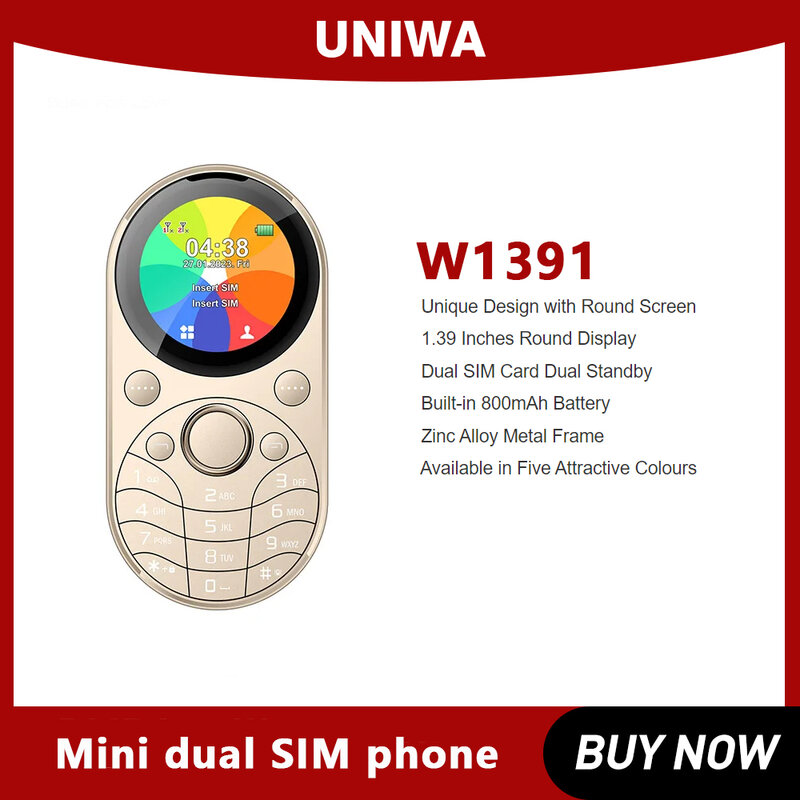 UNIWA-Mini teléfono móvil W1391, pantalla LCD redonda de 1,39 pulgadas, Mini teléfono móvil ovalado de Metal, SIM Dual, GSM, MP3, MP4, Radio inalámbrica, teclado de cuerpo de Metal