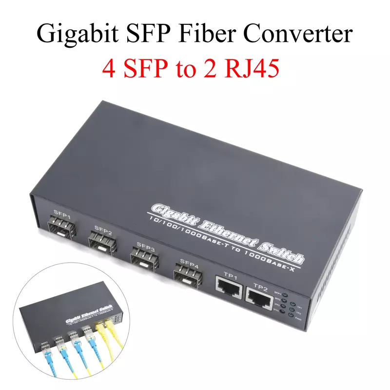 Conversor de mídia Gigabit SFP, 4 SFP para 2 transceptores RJ45, 10 m, 100 m, 1000m, interruptor de fibra óptica com 3km, 20km, LC, SC, módulo SFP, 1 peça