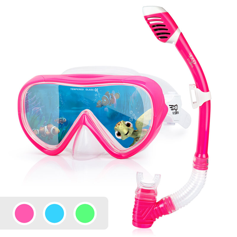 Snorkelset voor kinderen panoramisch snorkelmasker, anti-fog jeugd duikmasker gehard bril zwemmasker droge top snorkel voor kinderen