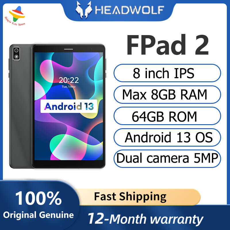 Headwolf FPad 2 탭 8 인치 안드로이드 13 태블릿, Unisoc T310, 4GB RAM, 64GB ROM, 4G Lte 전화 통화, 어린이 학습 태블릿 PC, 5500 mAh