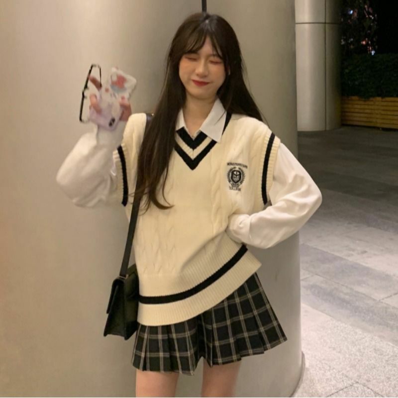 Estate autunno nuovo due pezzi stile College donna coreana primavera nuova camicia + gilet maglione + gonna a pieghe studente uniforme coreana