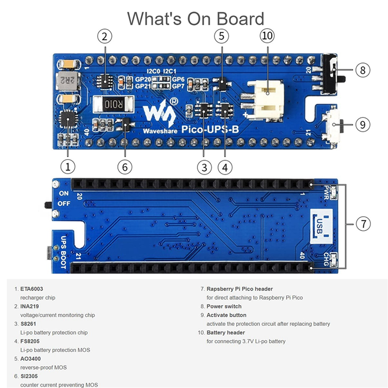 Waveshare UPS Module B for Raspberry Pi Pico Board, Uninterruptible Power Supply Monitoring Battery Via I2C Bus,Stackable Design