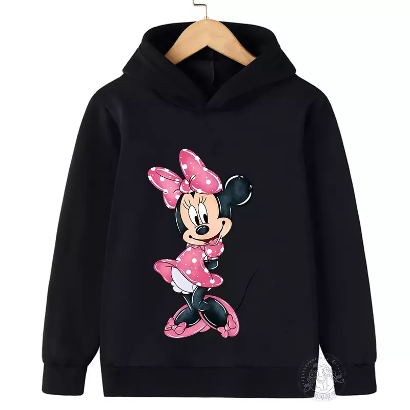 Disney-Sudadera con capucha para niños y niñas, ropa con estampado de dibujos animados de Minnie, chándal de cuello redondo, 2024