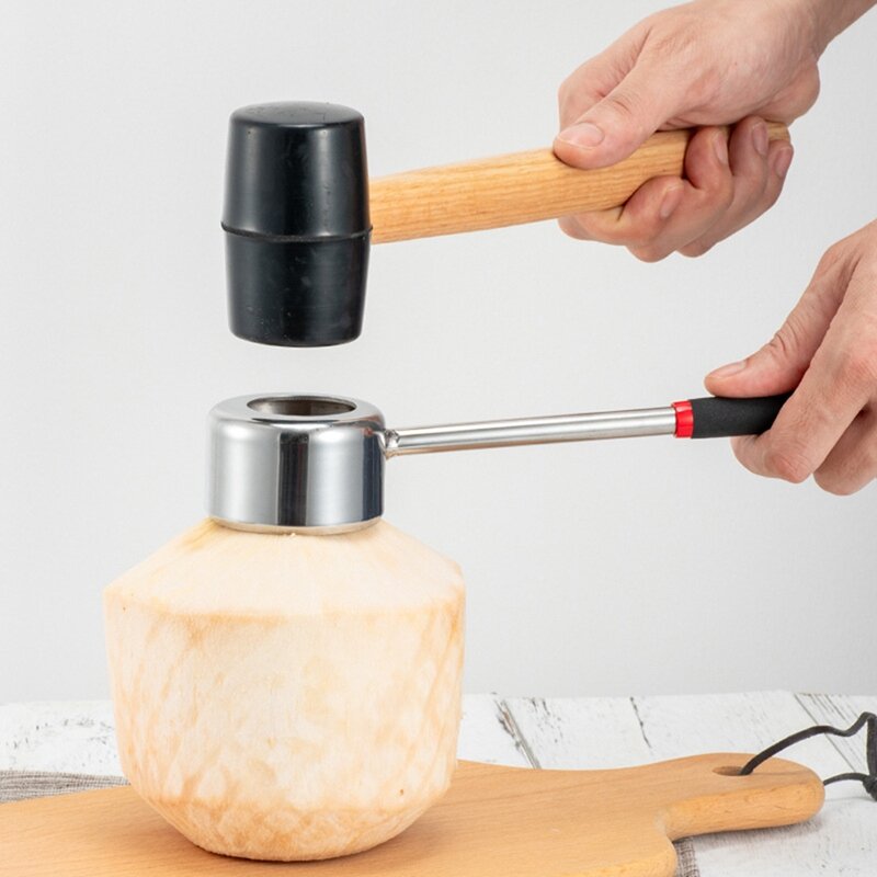 코코넛 오프너 도구 세트, 304 스테인레스 스틸 오프너, 코코넛 고기 도구, 나무 손잡이 고무 망치, 내구성 사용하기 쉬움