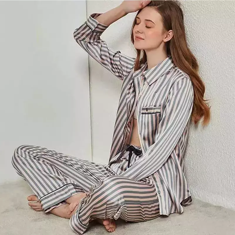 Autumn 2 Pieces Women's Pajamas Sets ice Silk Striped Cardigan Pyjama Women's Pajamas Sleepwear Sets Spring Summer VS Homewear