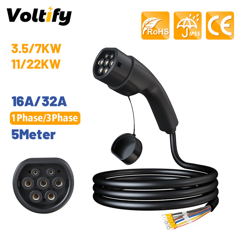 5KW 7KW Type 2 EV Charger Plug with Cable IEC62196-2 Connector Type 2 Female To Open Wire For Electric Vehicle Charger Station