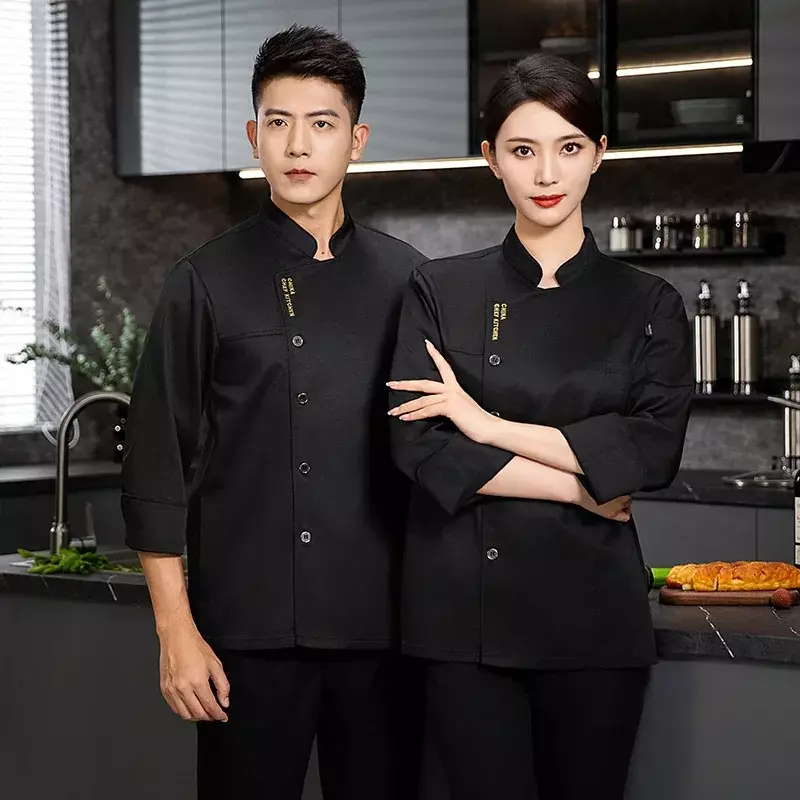Mężczyźni długie kobiety fartuch Cook Hotel restauracja Logo t-shirt ubrania z mundurek roboczy szefa kuchni płaszcz z rękawem