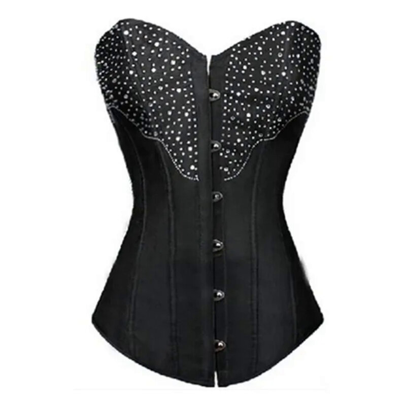 Espartilho de cetim preto sexy para mulheres, top bustier, strass, plástico, emagrecimento, modelador de cintura, cordões, corselet com corda g