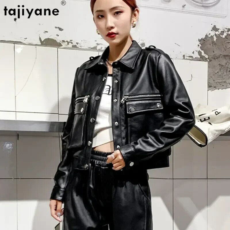 Tajiyane 2023 Spring Autumn Leather Jackets Woman Short Genuine Sheepskin Jacket Women Leather Coat Polo Collar Casaco Femininos