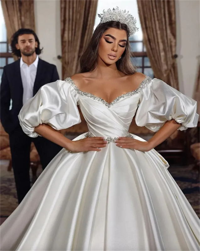 Gaun pengantin A-line cantik gaun pengantin Satin bahu terbuka elegan gaun pengantin berlipat gaun pengantin kereta Vestido De Novias 2024