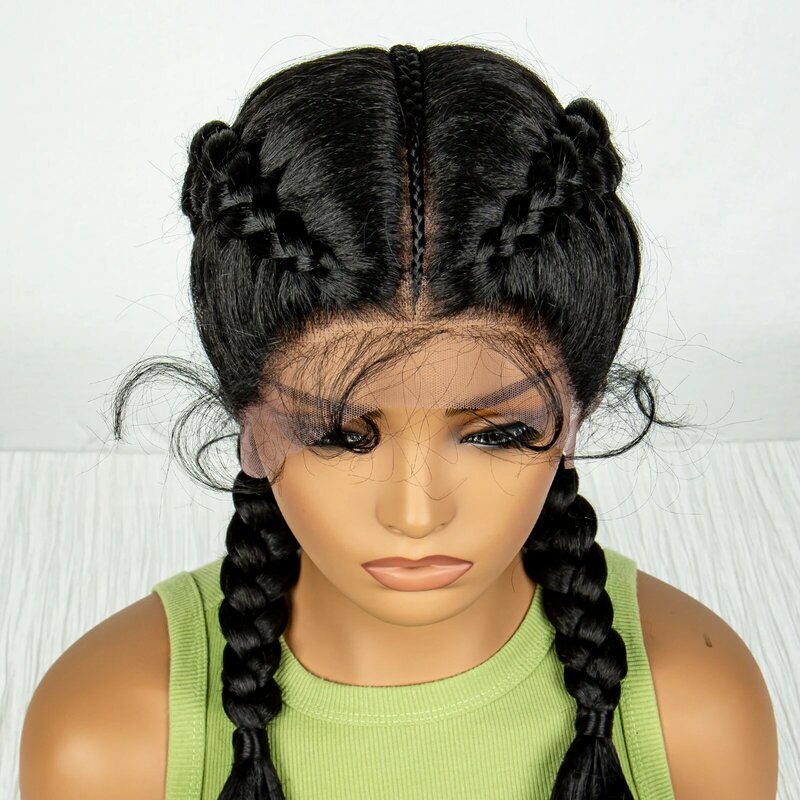 Wig kepang sintetis dengan gelombang keriting untuk wanita Wig kepang putar Afro Frontal renda untuk rambut bayi untuk anak perempuan 30 inci