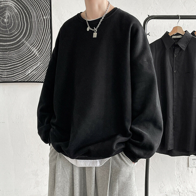 Harajuku Sweatshirts Heren 2023 Herfst Koreaanse Effen Kleur Fleece Oversized Pullovers Casual Ronde Hals Basic Tops Hiphop Streetwear