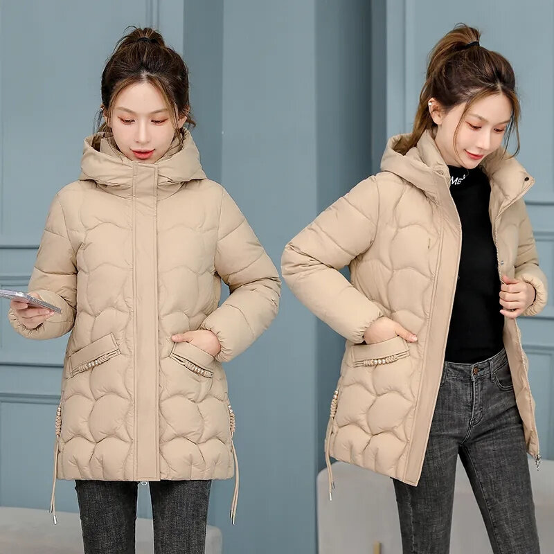 Abrigo acolchado de algodón con capucha para mujer, parka larga y cálida, moda coreana, novedad de 2023