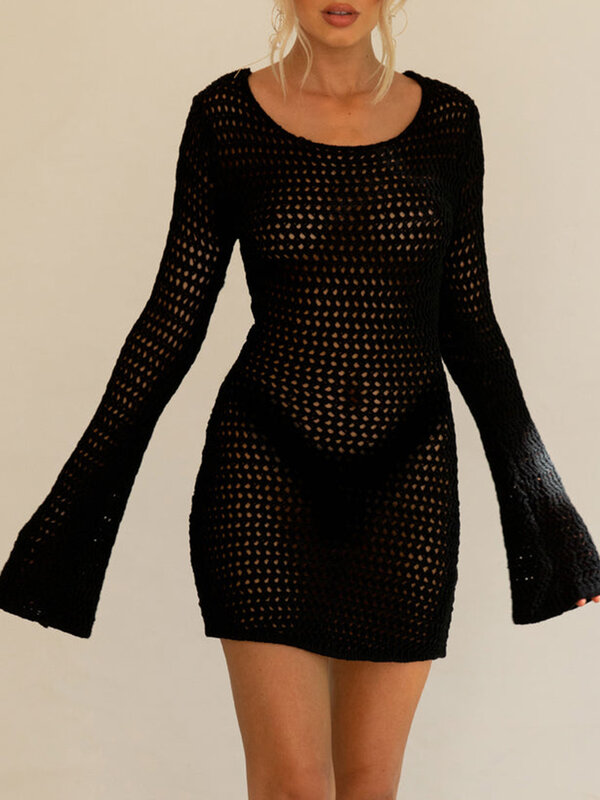 Women Bikini Cover Ups Summer Crochet Cutout Backless Long Sleeve Mini Dress Beach Dress Bathing Suit Coverup